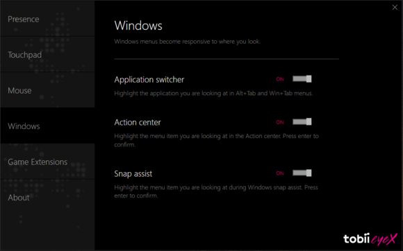 tobii eyex windows menus