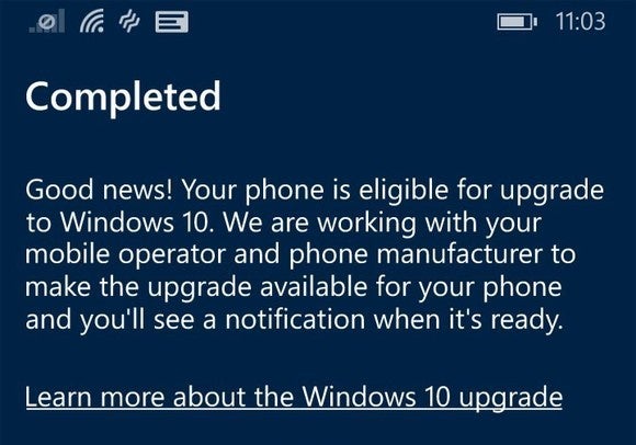 windows 10 mobile upgrade completed