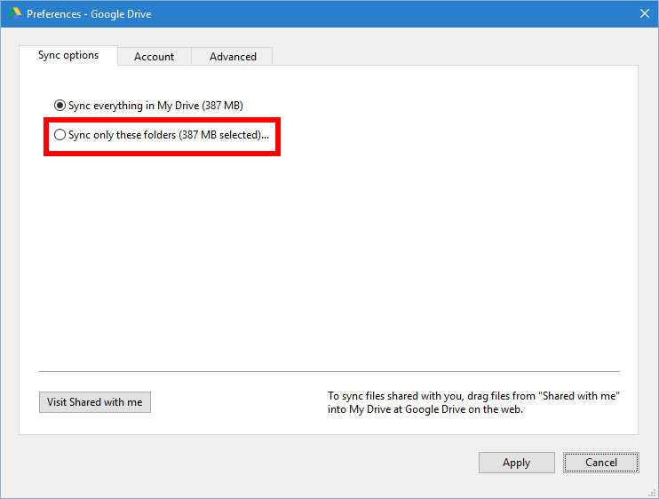 google drive sync settings