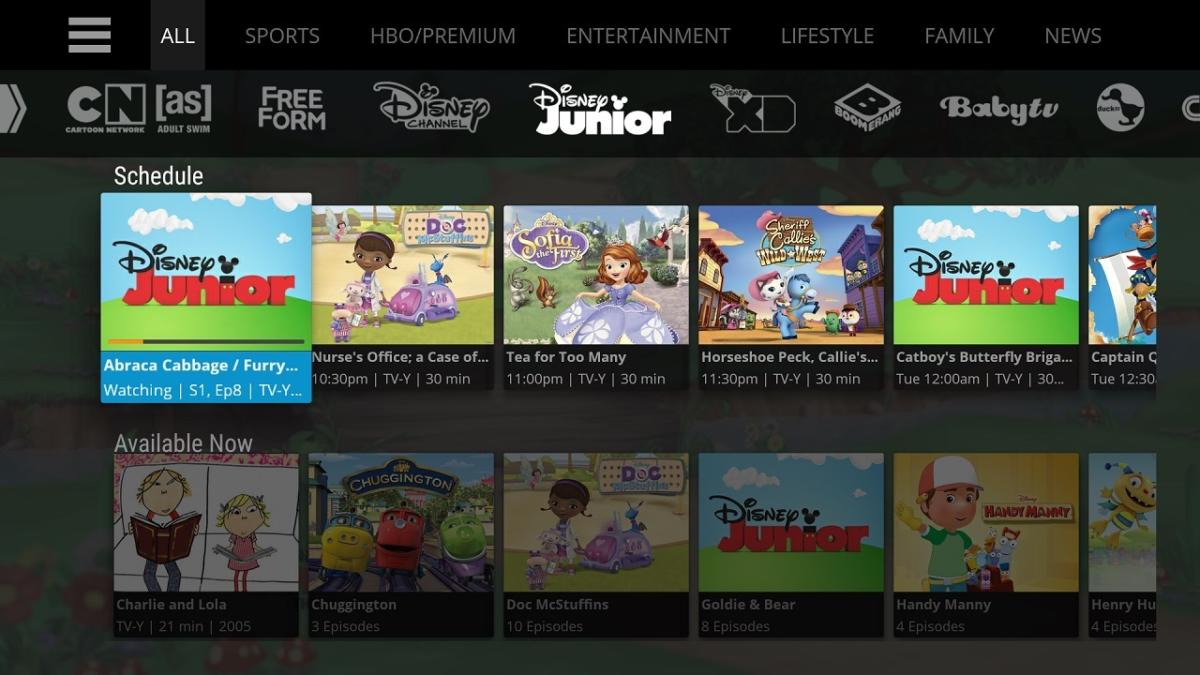 SlingTV channel menu