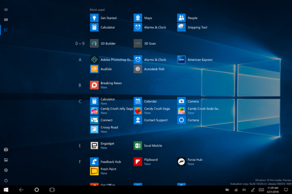 windows 10 new start menu tablet mode Build 14328