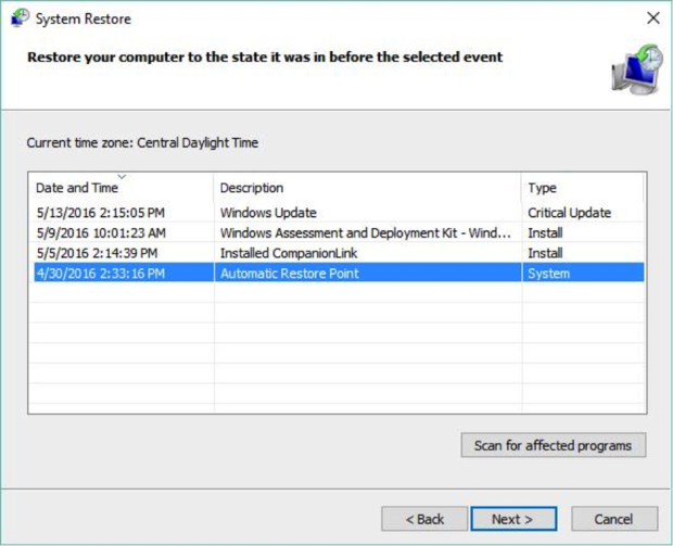 Figure 5: The oldest restore point showcases what happens when you roll further back in time.