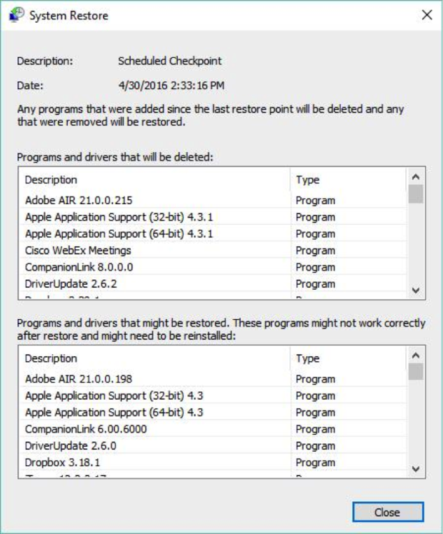 Figure 6: Items dropped include new programs, updates, apps and device drivers.