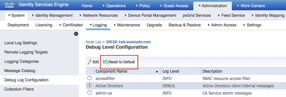 Figure 34 - Reset Logs Component Level