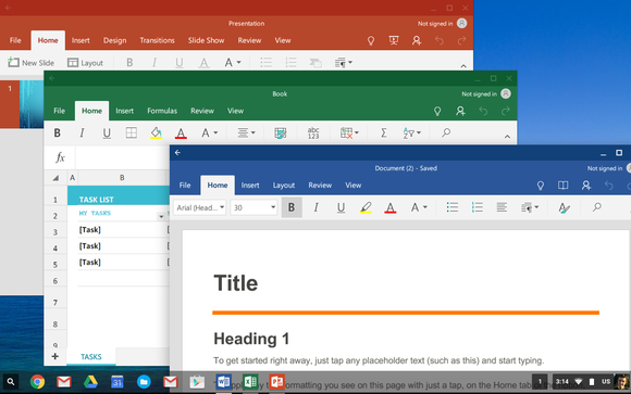 Microsoft’s Word, Excel, and PowerPoint Android apps on a Chromebook.