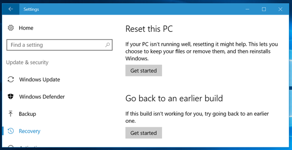 The Recovery screen in Windows 10's Settings app.