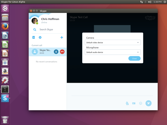 Options for choosing a webcam and microphone in Skype for Linux Alpha.
