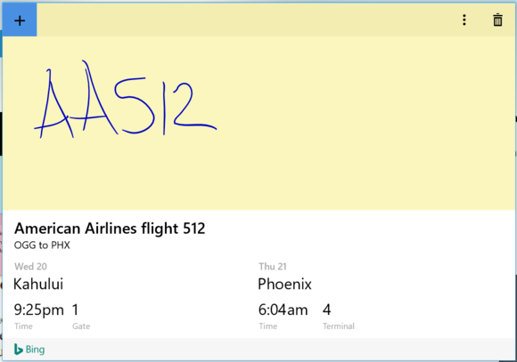 Windows 10 Anniversary Update sticky notes cortana airline flight