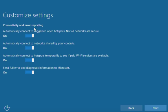 windows 10 install customize settings connectivity error reporting