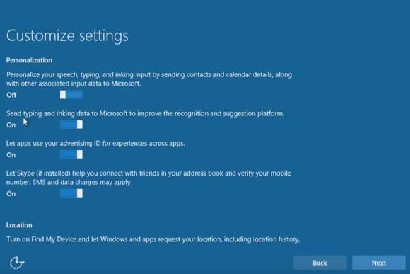 windows 10 install customize settings personalization location