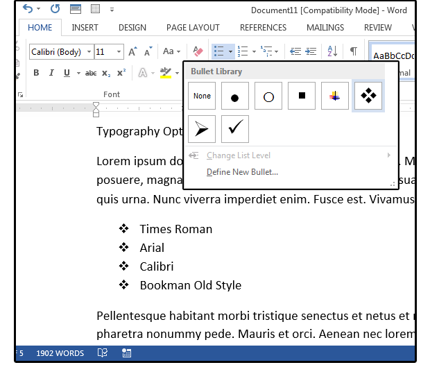 word 2016 for mac default bullet style