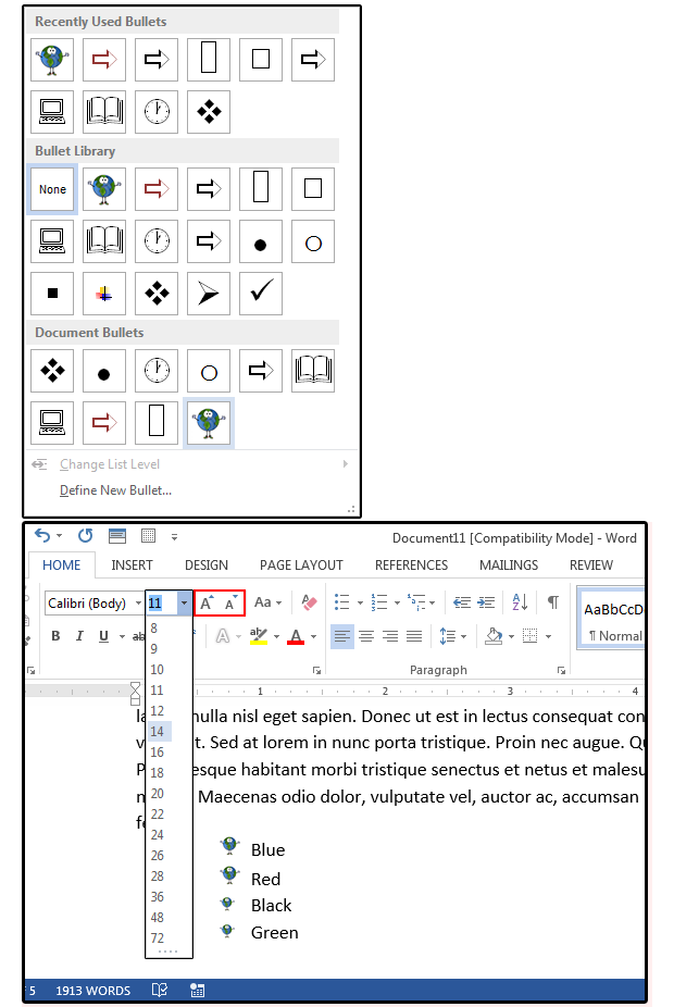 keyboard commands for bullet points for word