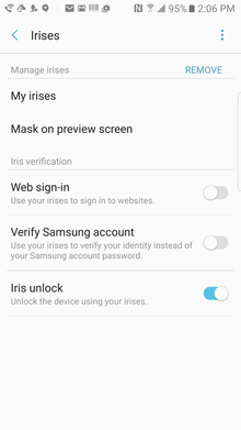 Samsung Galaxy Note 7 iris settings