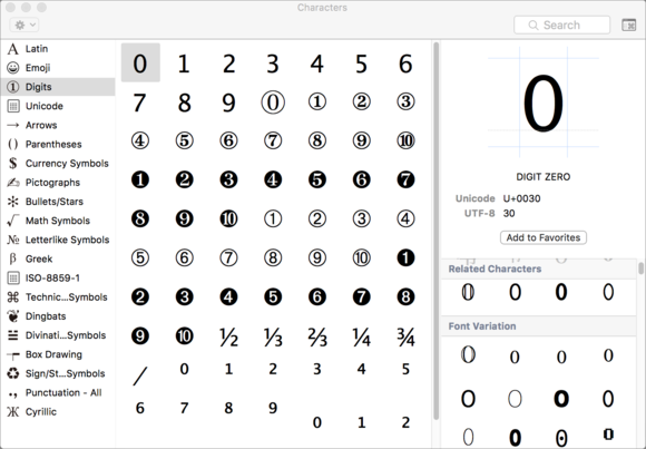 mac911 characters palette font variants