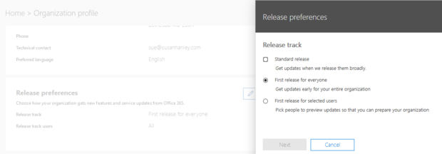 office365 release preference settings