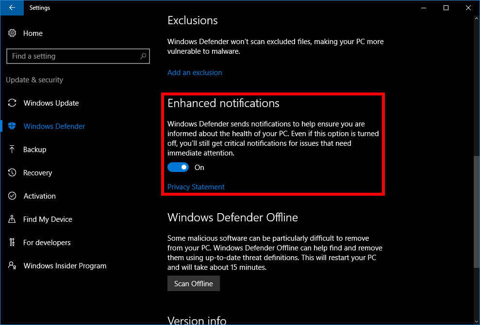 How to turn off Windows Defender's enhanced notifications in Windows 10