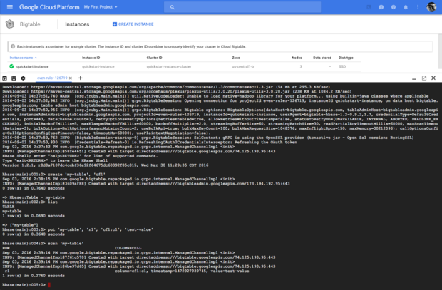 google cloud bigtable hbase shell