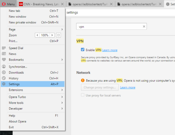 opera vpn settings