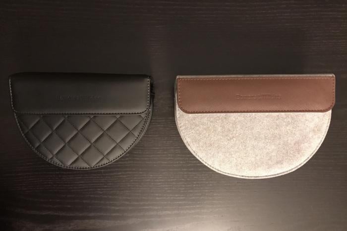 The P9’s soft, leather-accented, grey Alcantara carrying case compared to the P7’s.
