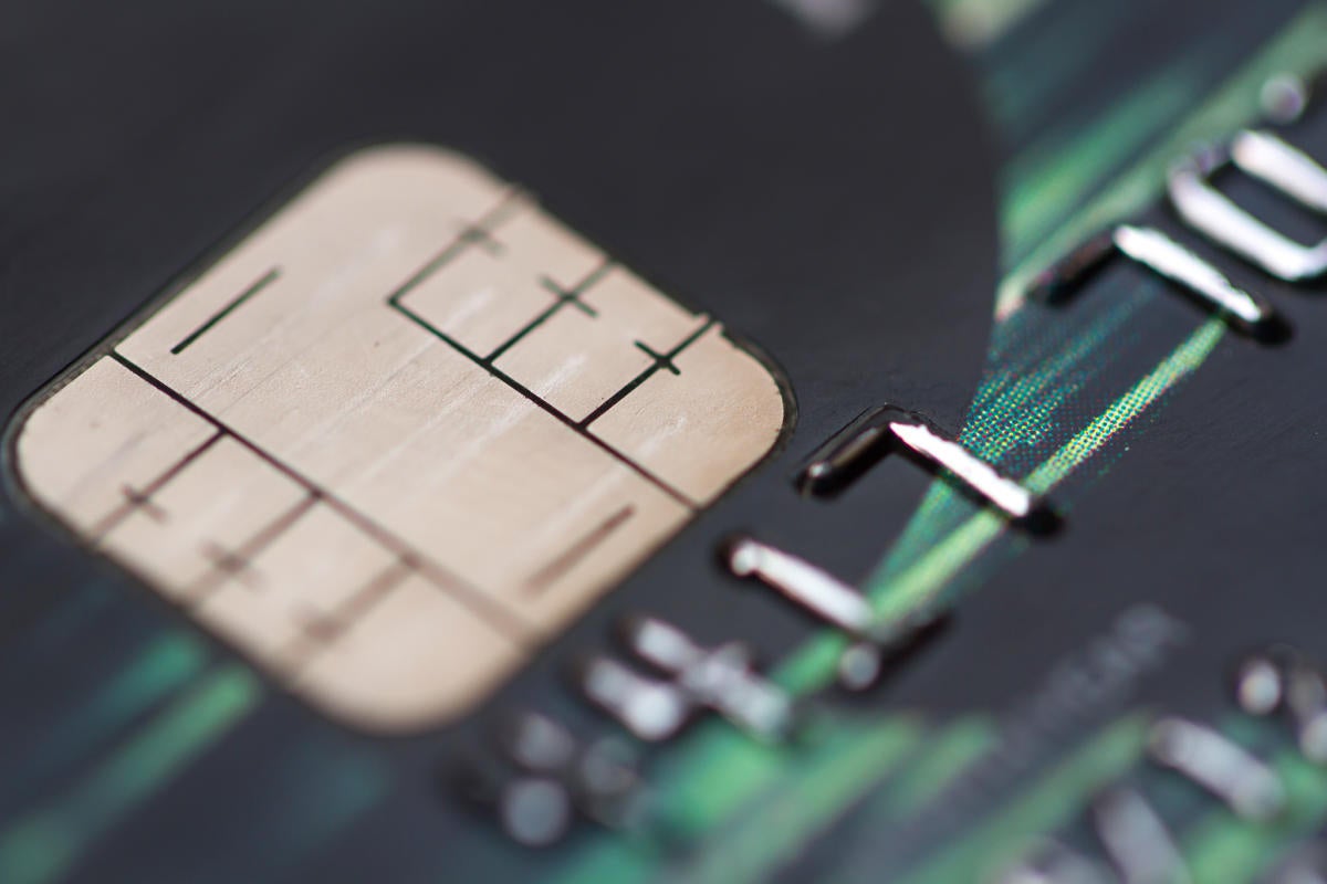 Magnified view of chip card banking security technology