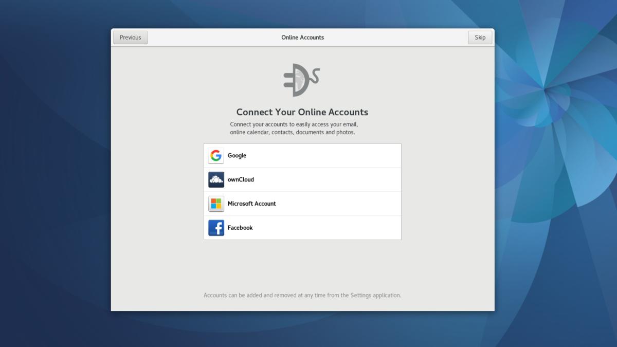 Fedora 25 first boot showing Online Accounts