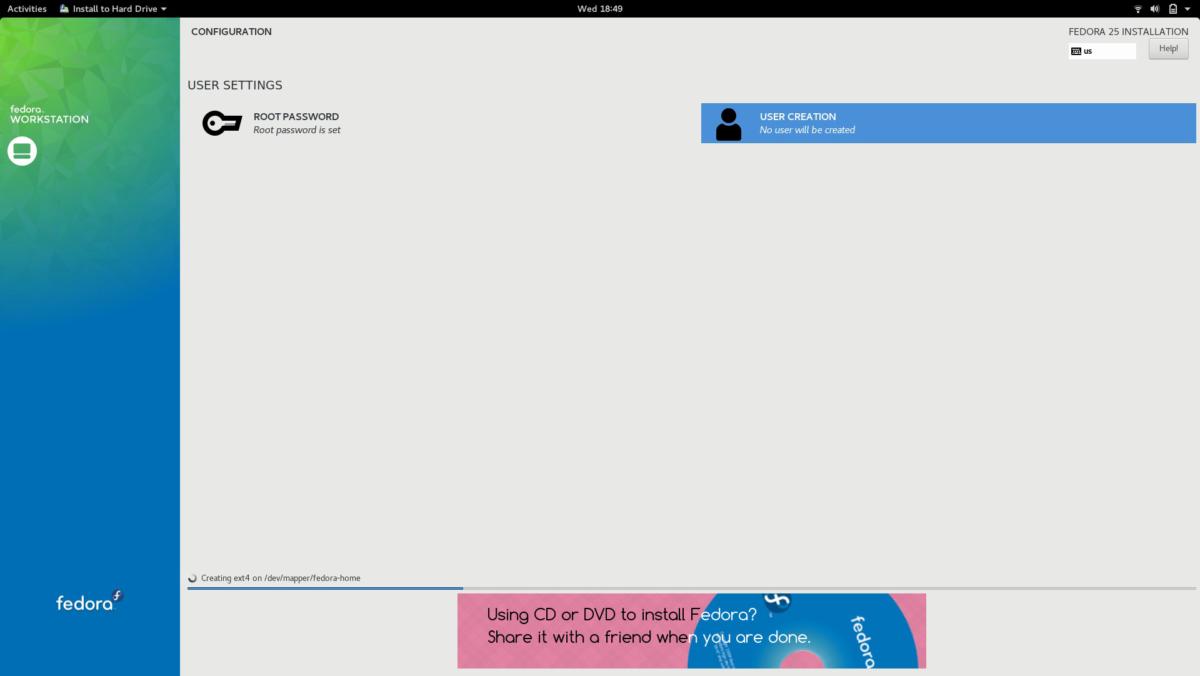 Fedora 25 installer user creation