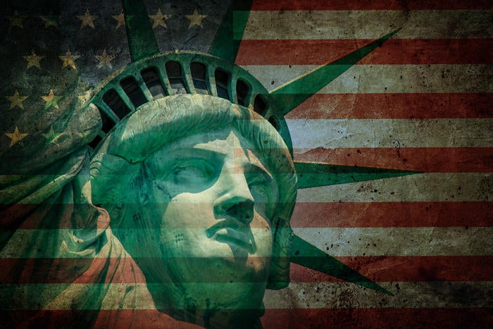 H-1B Visa statue of liberty against american flag