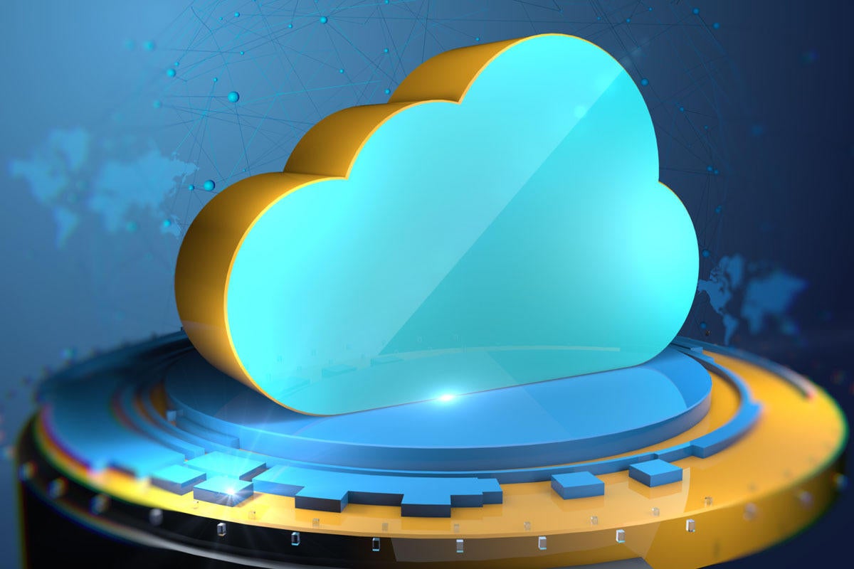  A 3D rendering of a yellow and blue cloud icon on a podium with a glowing blue circle underneath, representing cloud service resiliency.