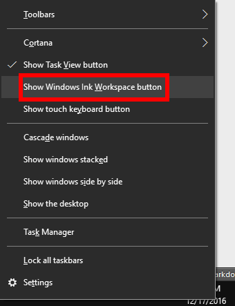 Windows ink workspace shortcut windows 10