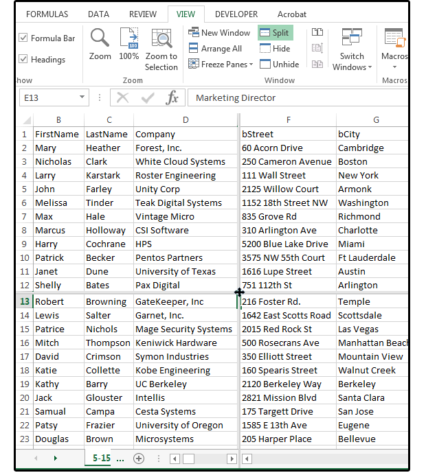 excel split screen wordbook