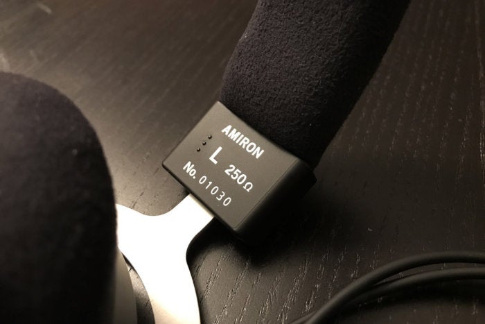 Detail of the left headband, which contains the headphone's serial number.