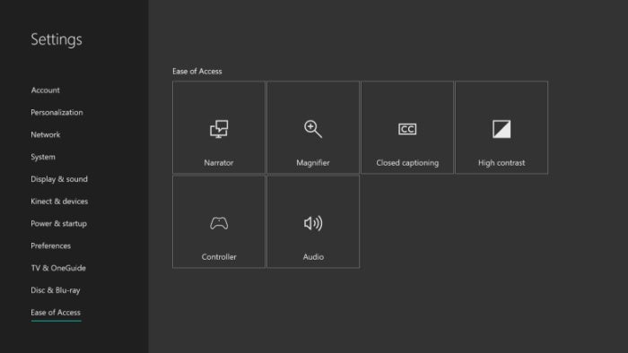 Creators Update ease of access settings xbox one