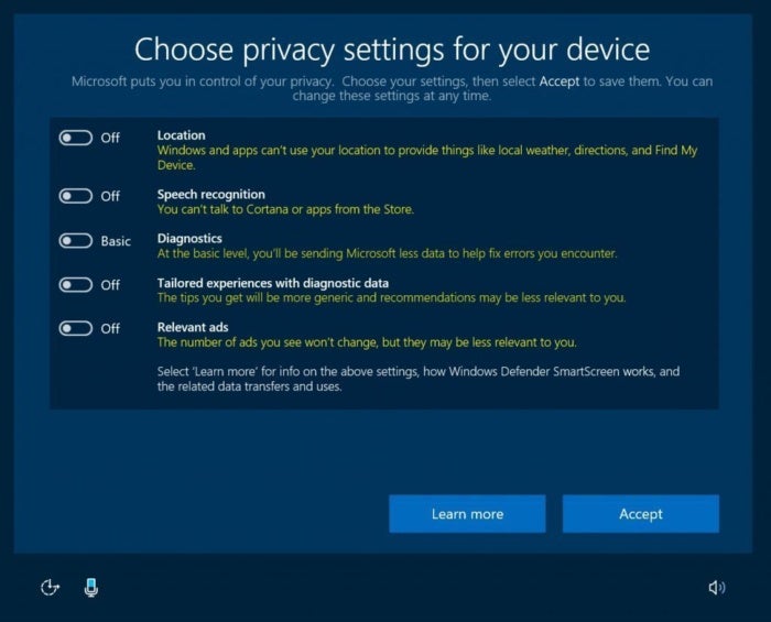 windows 10 upcoming privacy settings off