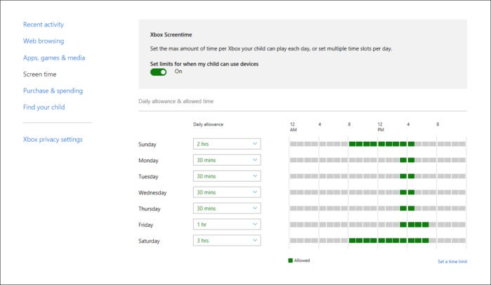 windows 10 xbox one time limits screen time