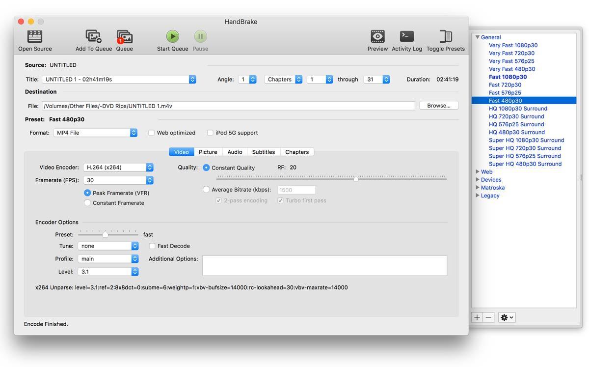 handbrake settings for dvd rip to mp4