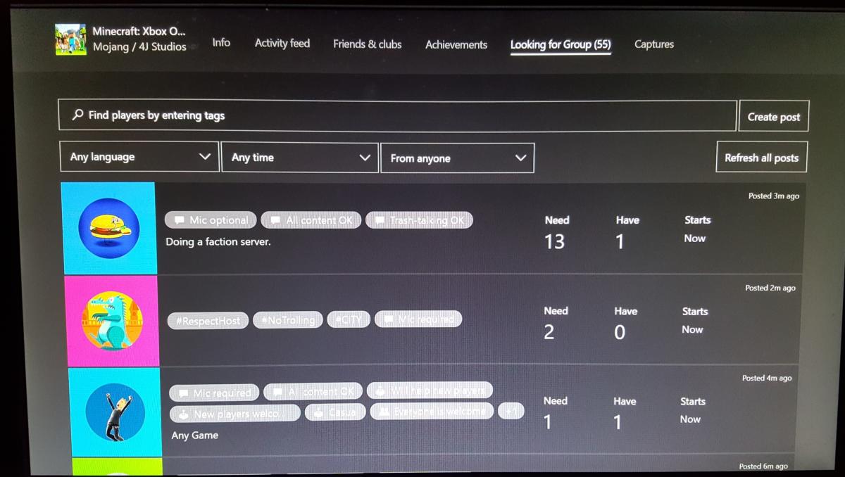 Windows 10 Creators Update Xbox One Looking for Group