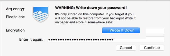 arq password warning write down