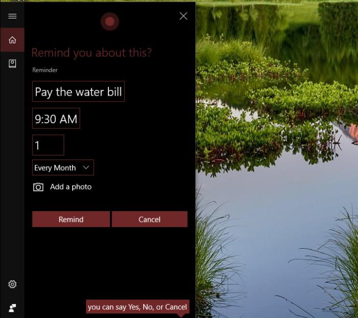 Windows 10 Creators Update cortana recurring monthly reminders