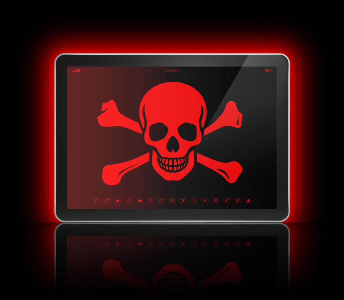 tablet with skull and crossbones cybersecurity