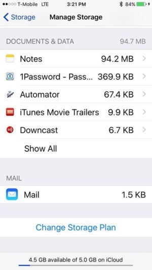 ios10.2.1 manage storage doc data mail