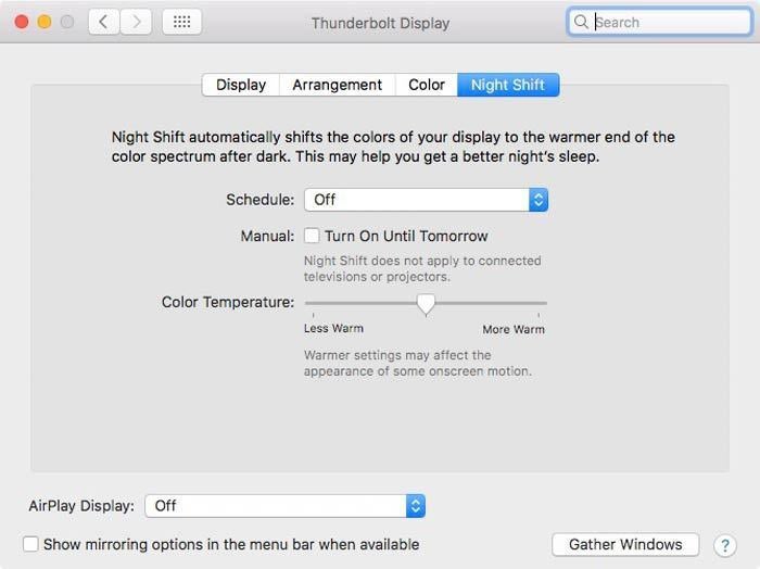 macos night shift settings tbolt display