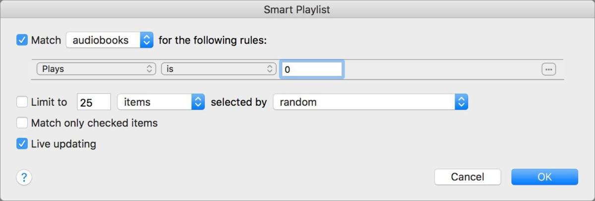 smart playlist audiobooks