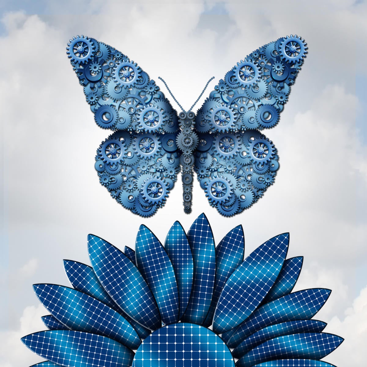butterfly with gears above flower transformation