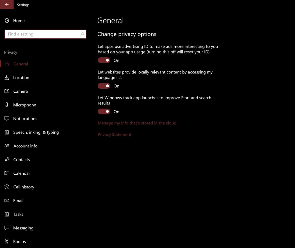 windows 10 privacy options