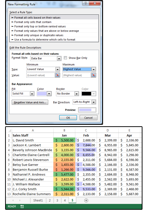 solid fill green data bar conditional formatting excel 2016