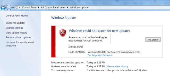 windows could not search for updates