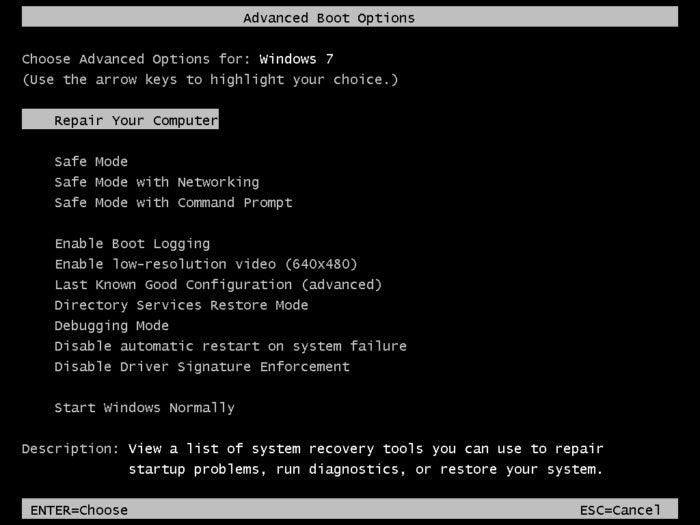 windows7 advanced boot options