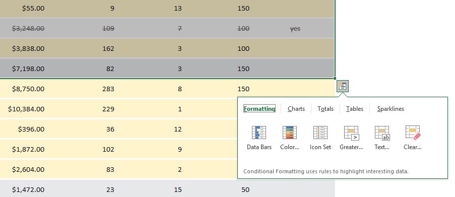 using the quick analysis tool in excel 2016 to creat a formula