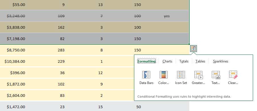 Excel 2016 Quick Analysis tool