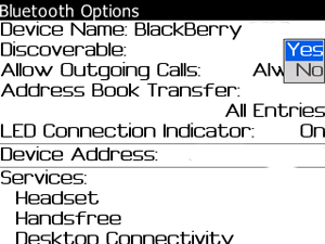 Screenshot of BlackBerry Bluetooth Options screen